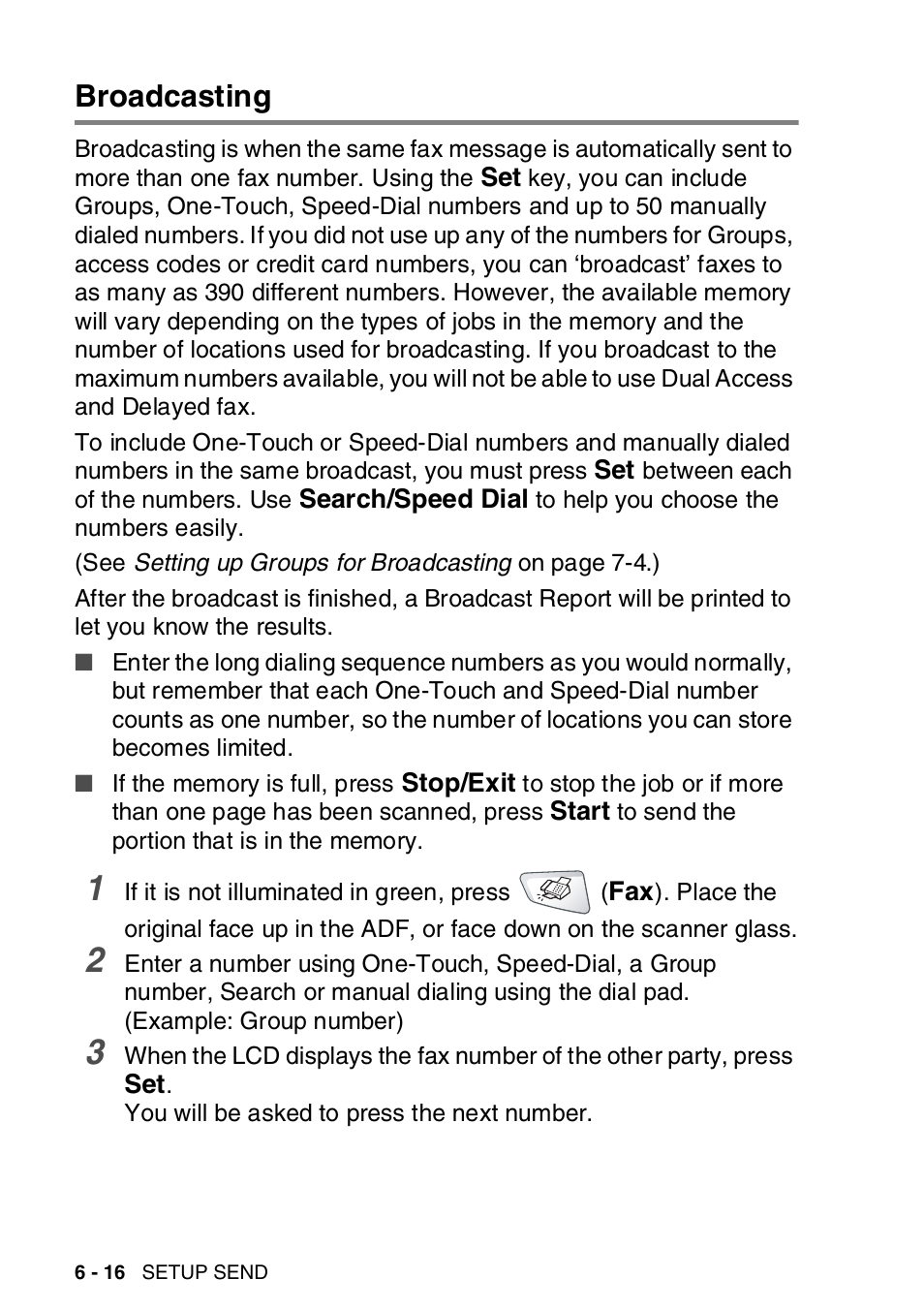Broadcasting, Broadcasting -16 | Brother MFC-8820DN User Manual | Page 116 / 421