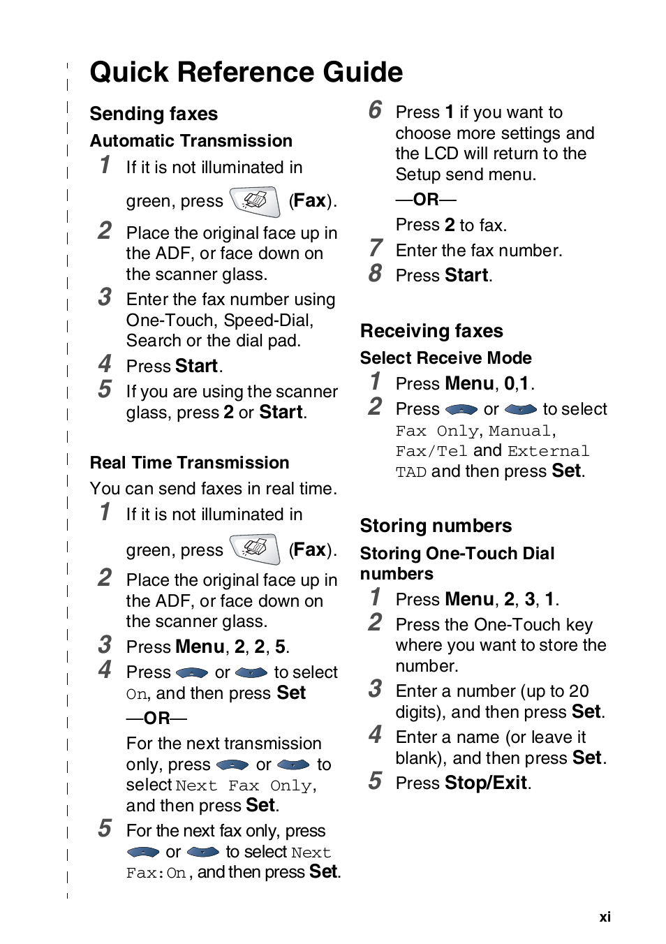 Quick reference guide, Sending faxes, Receiving faxes | Storing numbers | Brother MFC-8820DN User Manual | Page 12 / 421