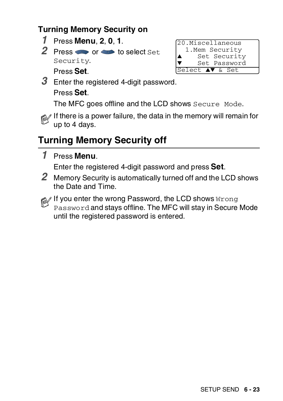 Turning memory security on, Turning memory security off, Turning memory security on -23 | Turning memory security off -23 | Brother MFC-8820DN User Manual | Page 123 / 421