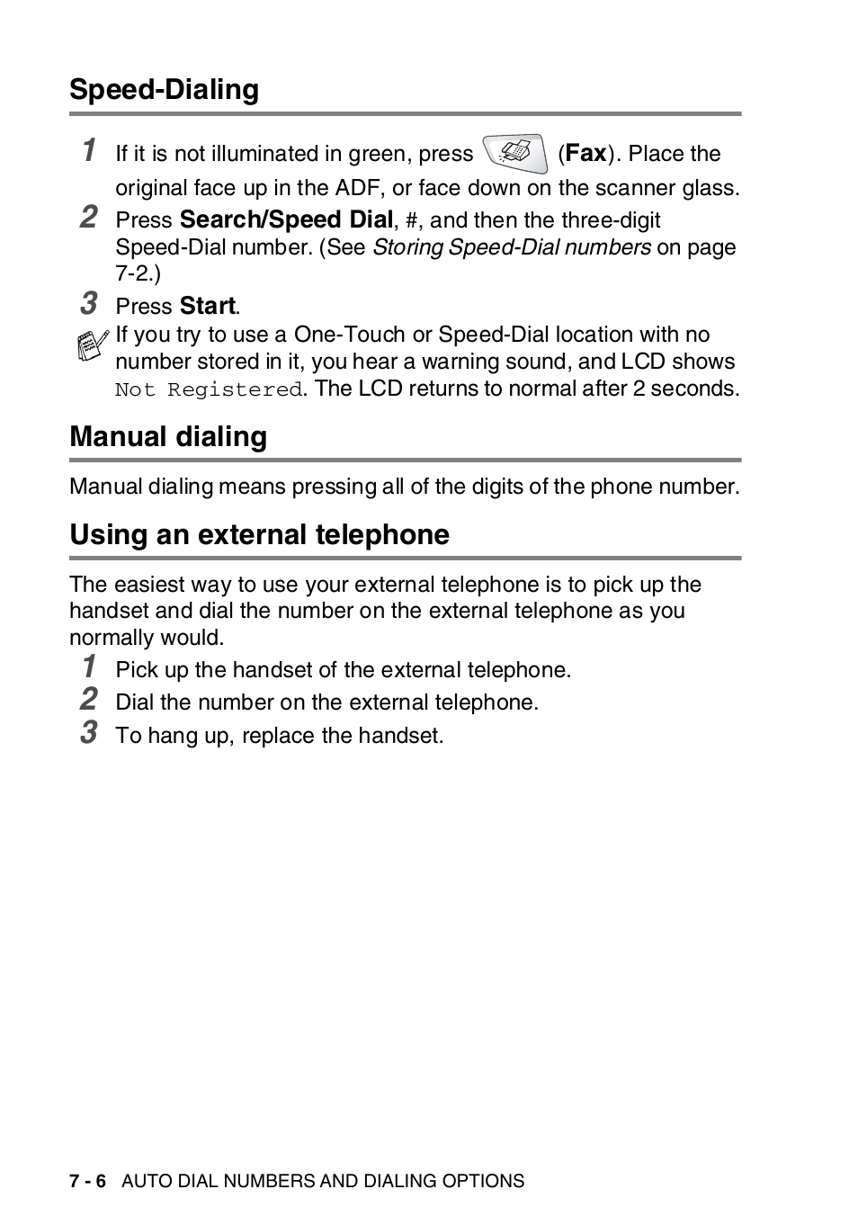 Speed-dialing, Manual dialing, Using an external telephone | Brother MFC-8820DN User Manual | Page 129 / 421