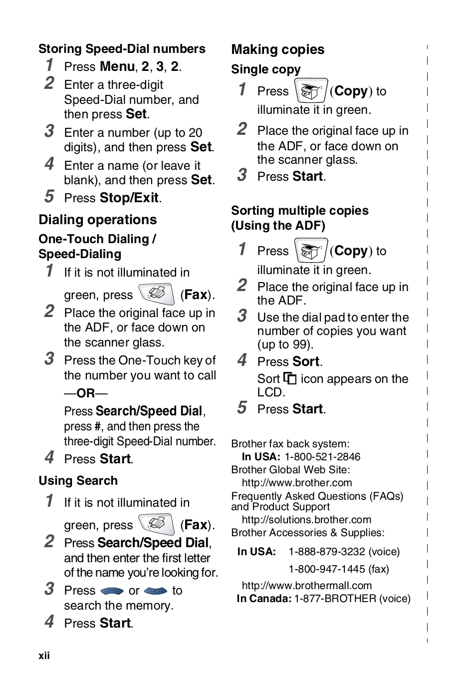 Dialing operations, Making copies | Brother MFC-8820DN User Manual | Page 13 / 421