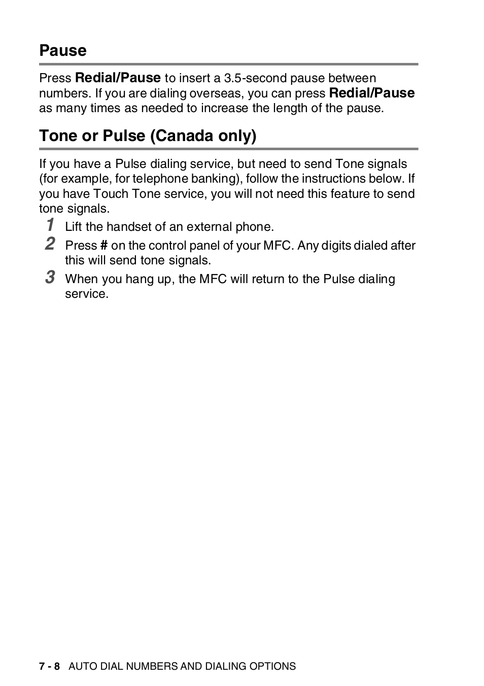 Pause, Tone or pulse (canada only), Pause -8 tone or pulse (canada only) -8 | Brother MFC-8820DN User Manual | Page 131 / 421