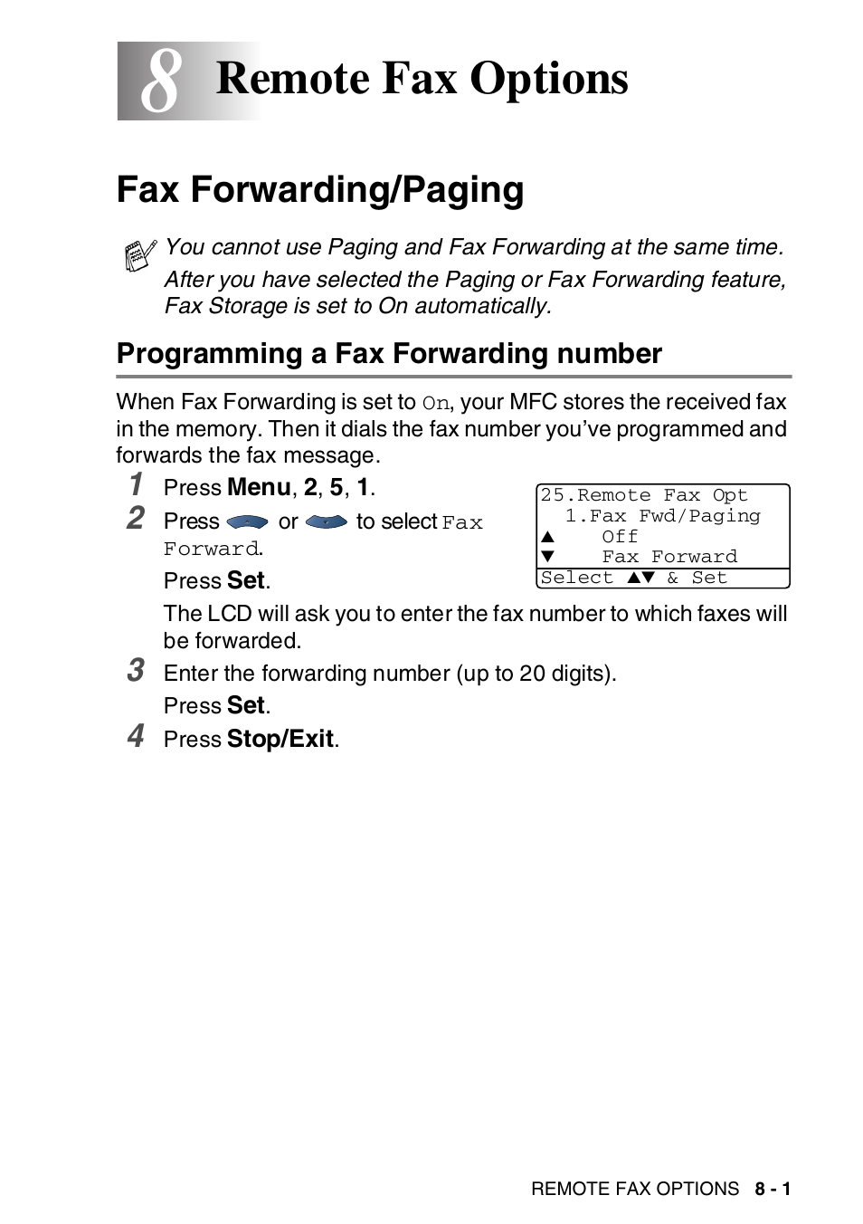 8 remote fax options, Fax forwarding/paging, Programming a fax forwarding number | Remote fax options -1, Fax forwarding/paging -1, Programming a fax forwarding number -1, Remote fax options | Brother MFC-8820DN User Manual | Page 132 / 421