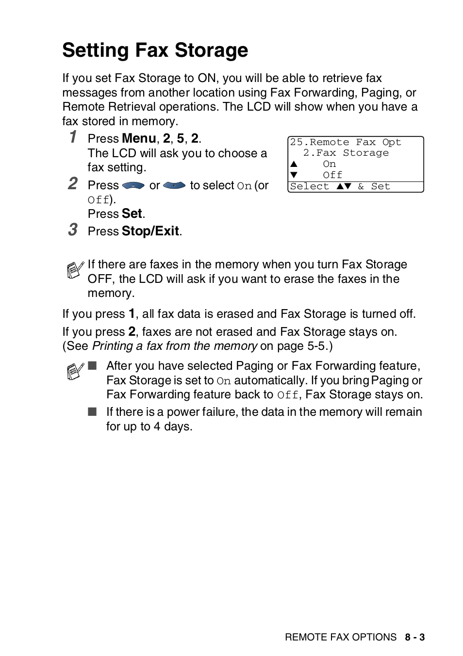 Setting fax storage, Setting fax storage -3 | Brother MFC-8820DN User Manual | Page 134 / 421