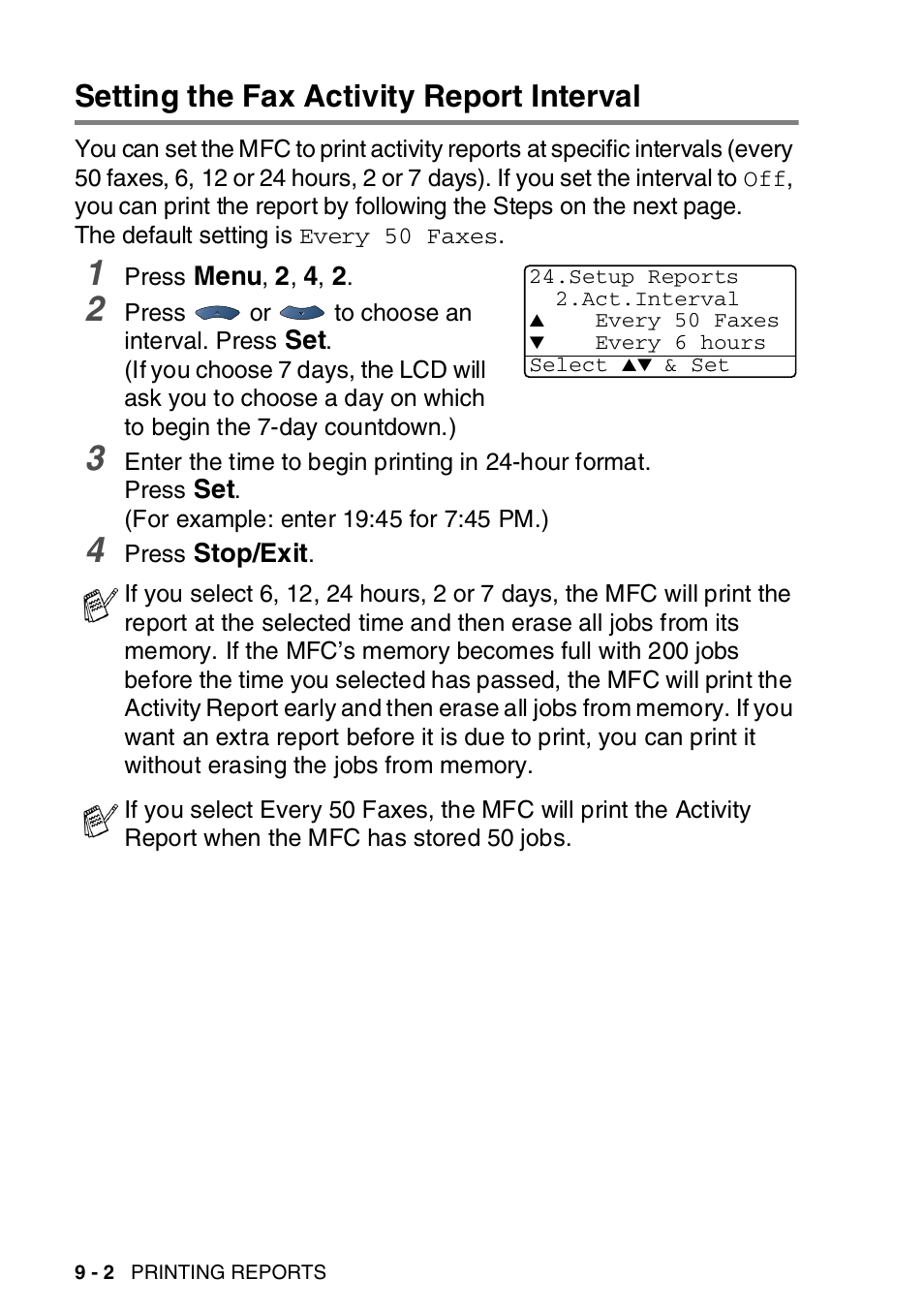 Setting the fax activity report interval, Setting the fax activity report interval -2 | Brother MFC-8820DN User Manual | Page 140 / 421