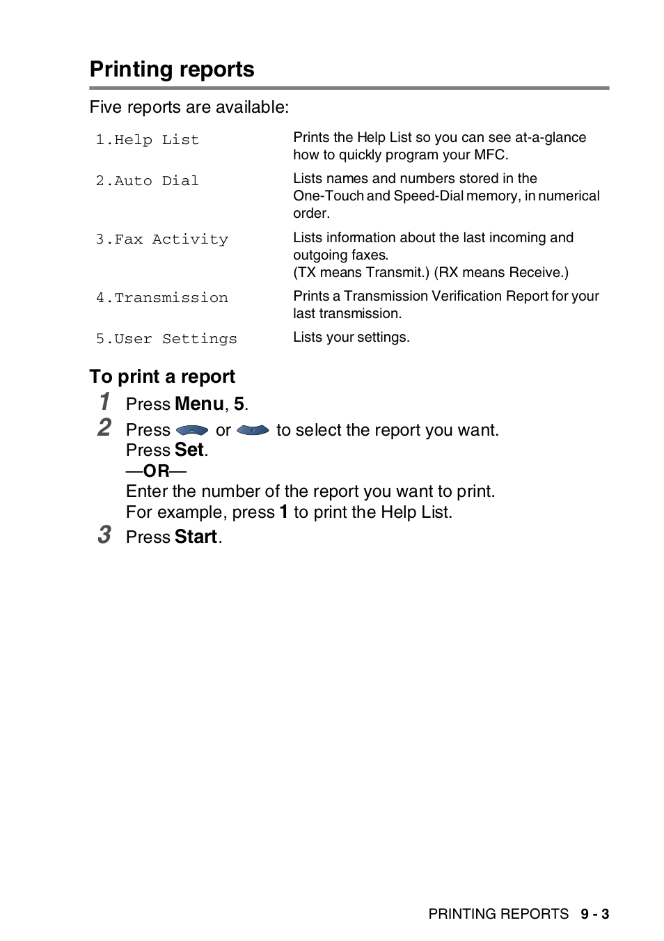 Printing reports, To print a report, Printing reports -3 | To print a report -3 | Brother MFC-8820DN User Manual | Page 141 / 421