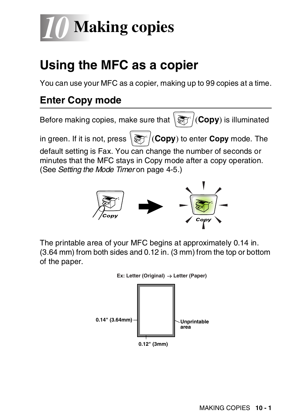 10 making copies, Using the mfc as a copier, Enter copy mode | Making copies -1, Using the mfc as a copier -1, Enter copy mode -1, Making copies | Brother MFC-8820DN User Manual | Page 142 / 421