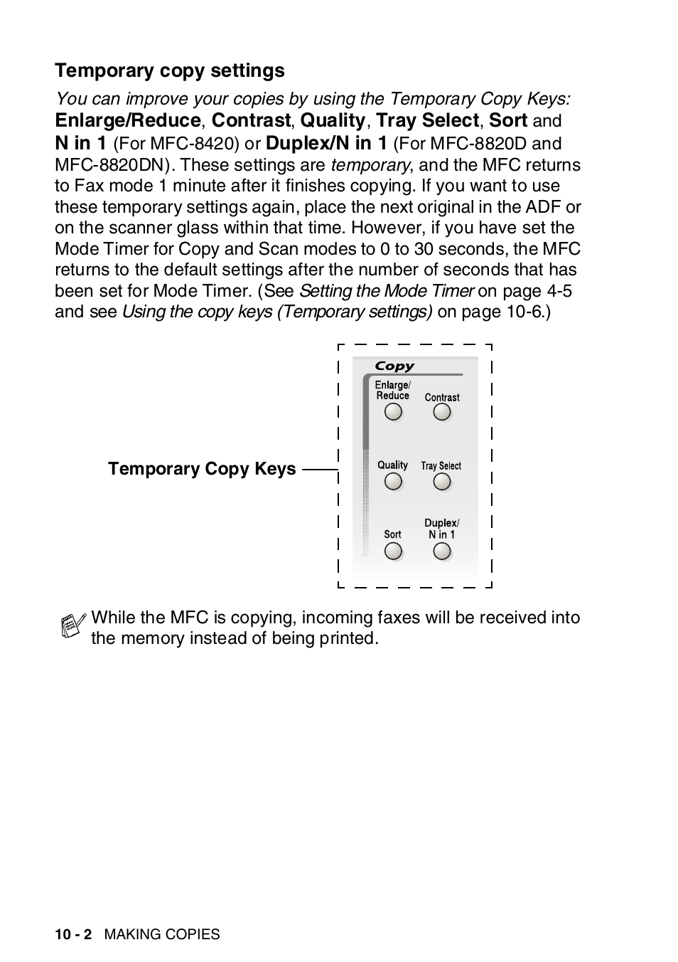 Temporary copy settings, Temporary copy settings -2 | Brother MFC-8820DN User Manual | Page 143 / 421