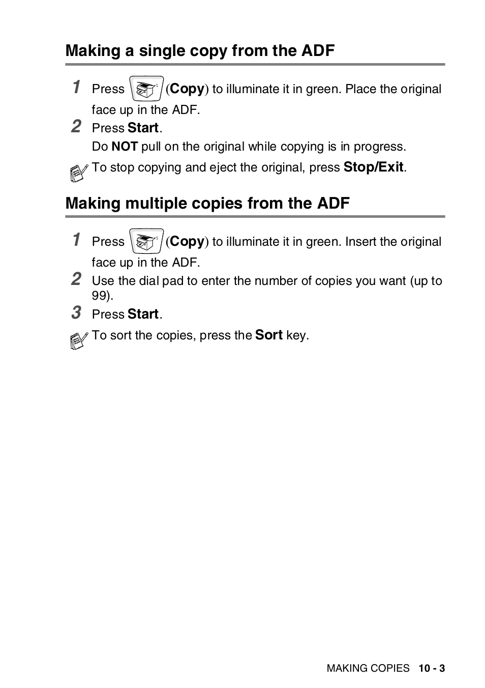 Making a single copy from the adf, Making multiple copies from the adf | Brother MFC-8820DN User Manual | Page 144 / 421