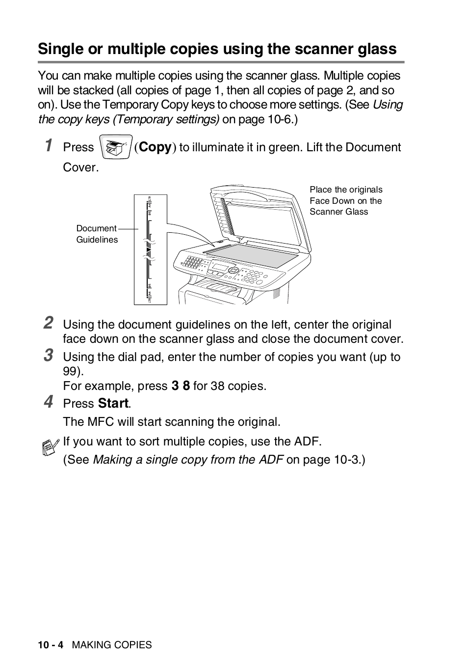 Single or multiple copies using the scanner glass | Brother MFC-8820DN User Manual | Page 145 / 421