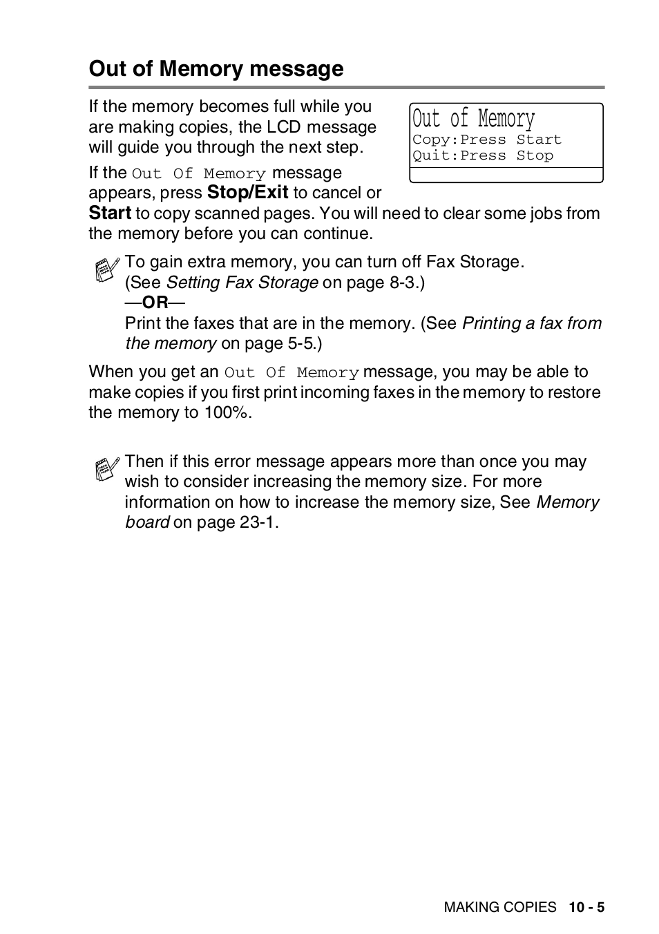 Out of memory message, Out of memory message -5 | Brother MFC-8820DN User Manual | Page 146 / 421