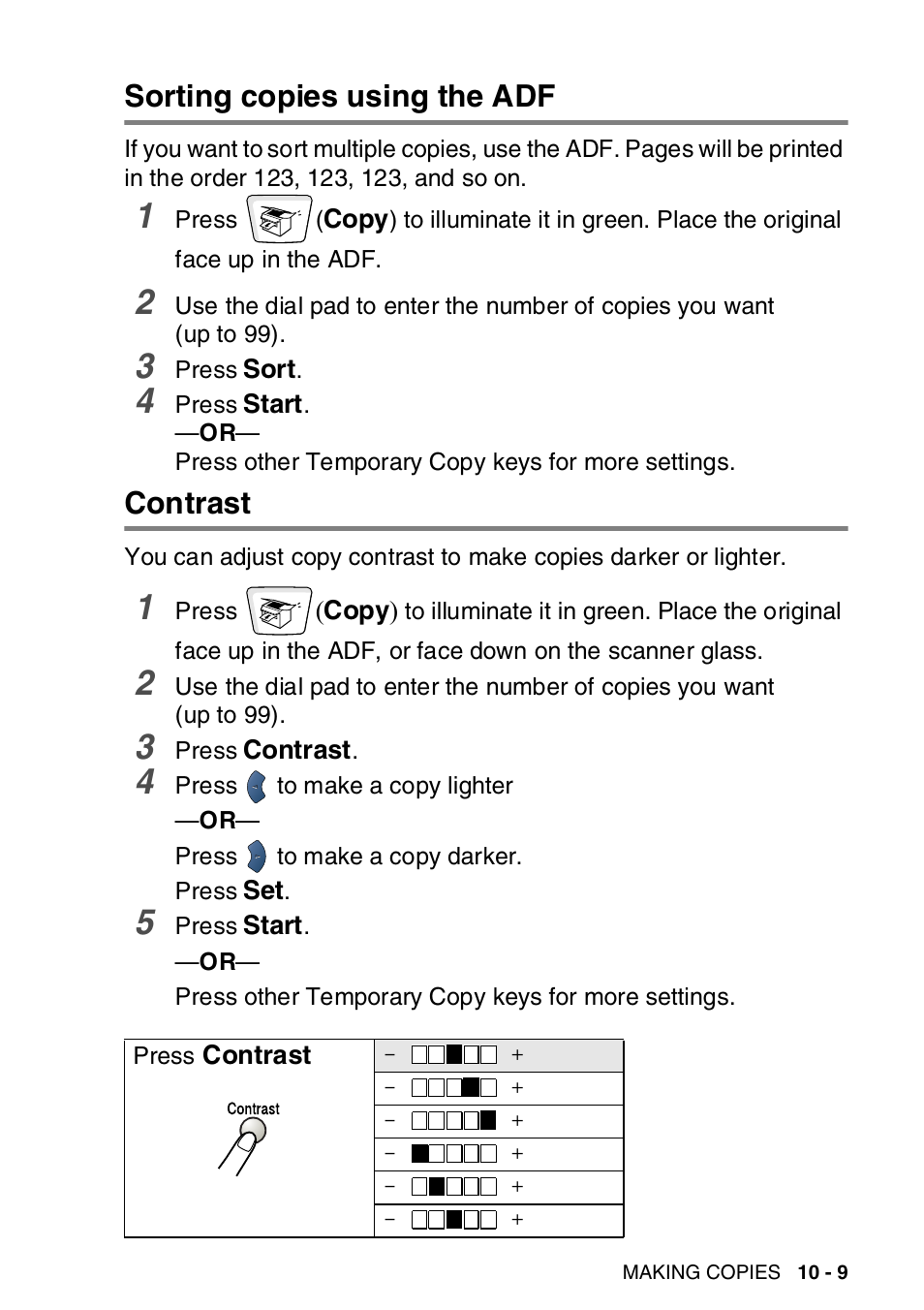 Sorting copies using the adf, Contrast, Sorting copies using the adf -9 contrast -9 | Brother MFC-8820DN User Manual | Page 150 / 421