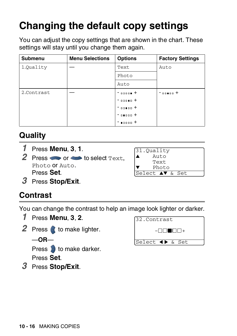 Changing the default copy settings, Quality, Contrast | Changing the default copy settings -16, Quality -16 contrast -16 | Brother MFC-8820DN User Manual | Page 157 / 421