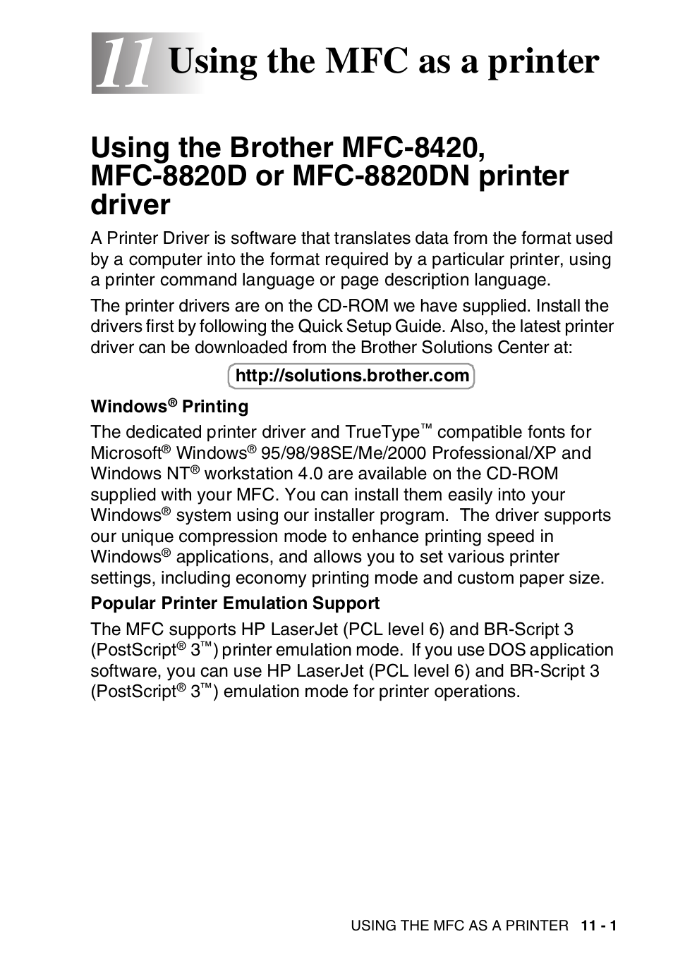 11 using the mfc as a printer, Using the mfc as a printer -1, Printer driver -1 | Using the mfc as a printer | Brother MFC-8820DN User Manual | Page 158 / 421