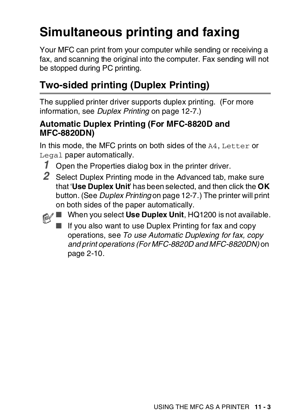 Simultaneous printing and faxing, Two-sided printing (duplex printing), Simultaneous printing and faxing -3 | Two-sided printing (duplex printing) -3, Automatic duplex printing (for mfc-8820d and, Mfc-8820dn) -3 | Brother MFC-8820DN User Manual | Page 160 / 421
