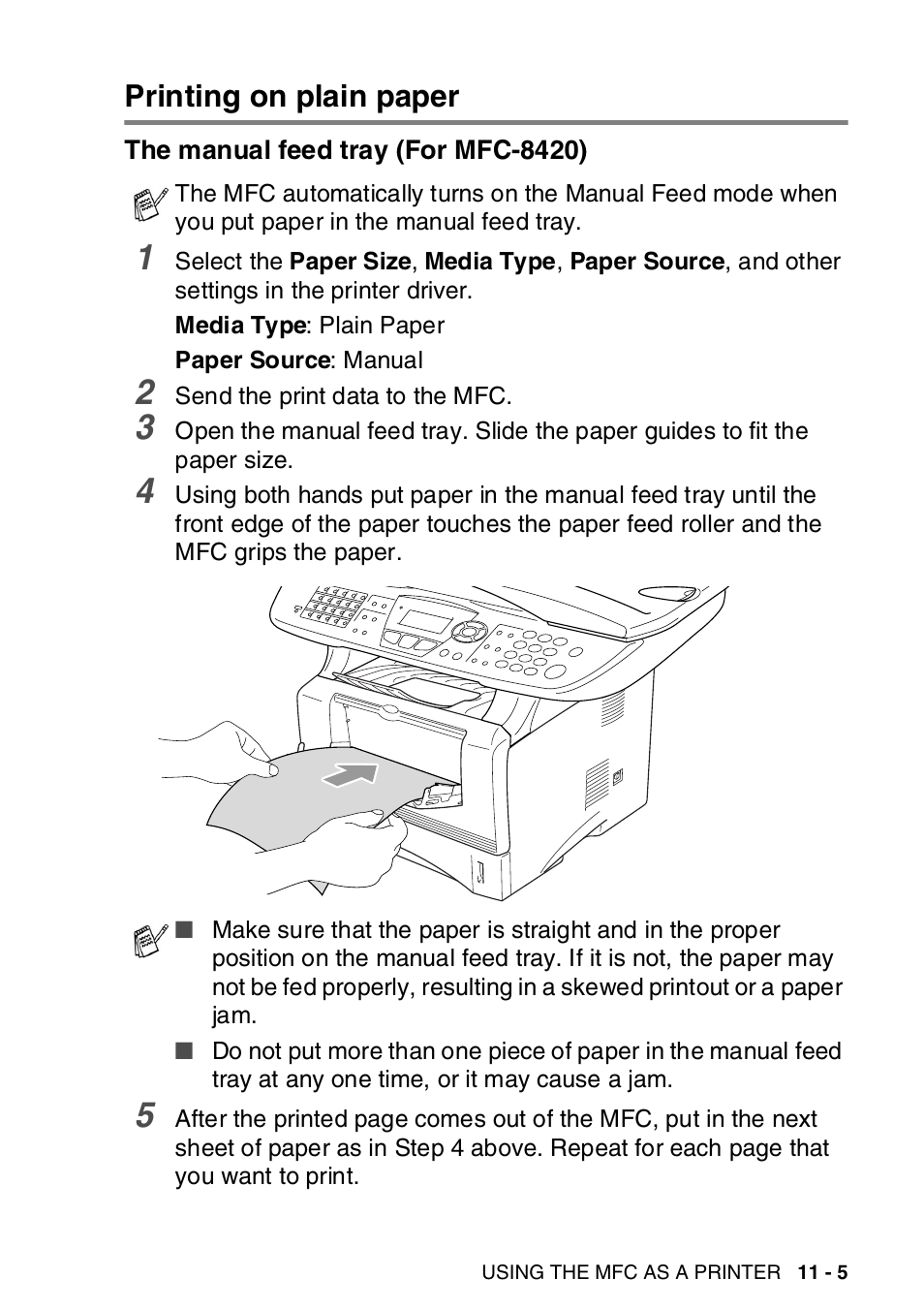 Printing on plain paper, The manual feed tray (for mfc-8420), Printing on plain paper -5 | The manual feed tray (for mfc-8420) -5 | Brother MFC-8820DN User Manual | Page 162 / 421