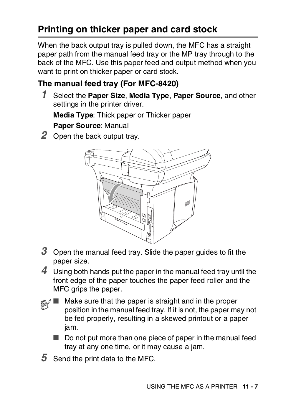 Printing on thicker paper and card stock, The manual feed tray (for mfc-8420), Printing on thicker paper and card stock -7 | The manual feed tray (for mfc-8420) -7 | Brother MFC-8820DN User Manual | Page 164 / 421