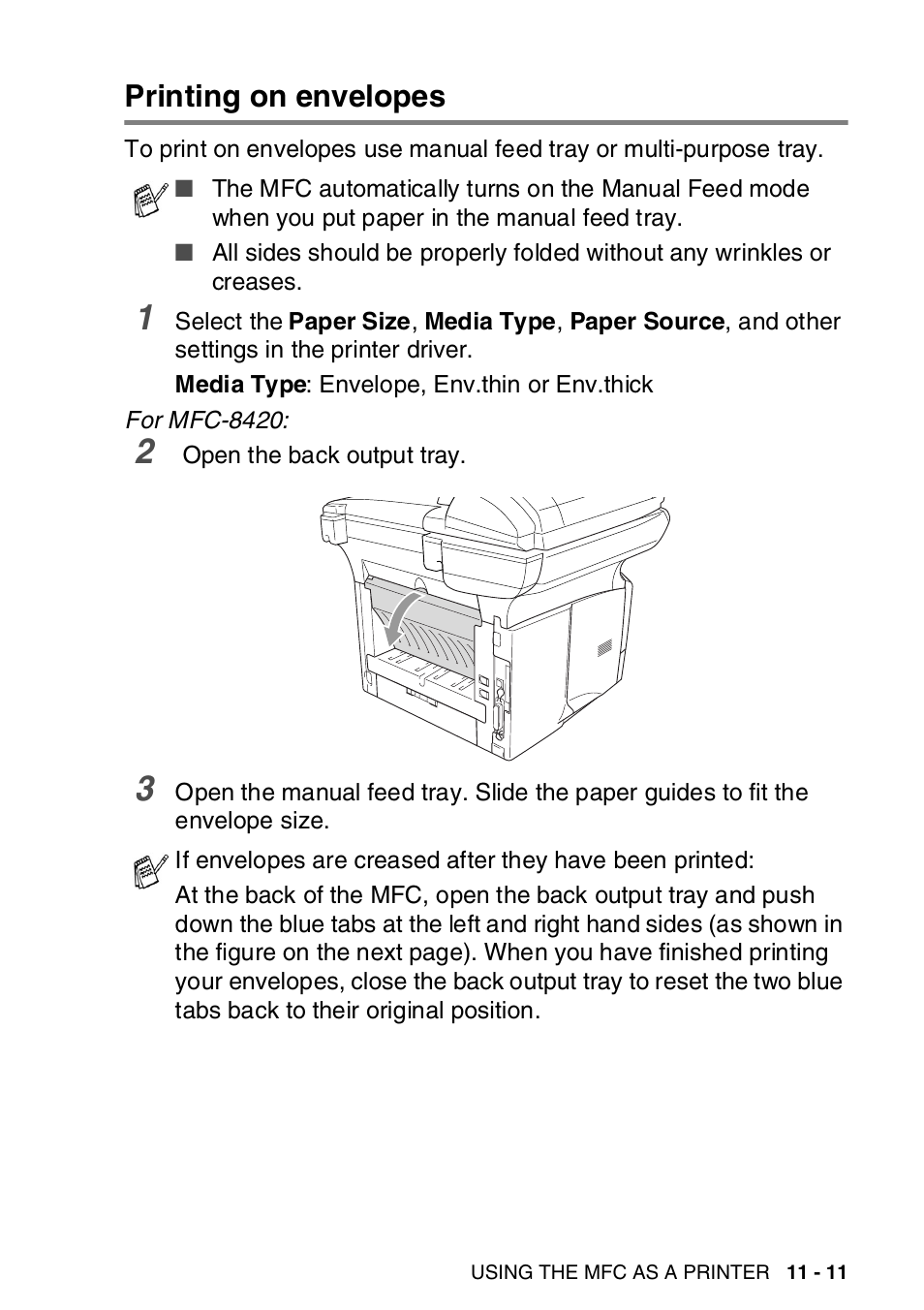 Printing on envelopes, Printing on envelopes -11 | Brother MFC-8820DN User Manual | Page 168 / 421