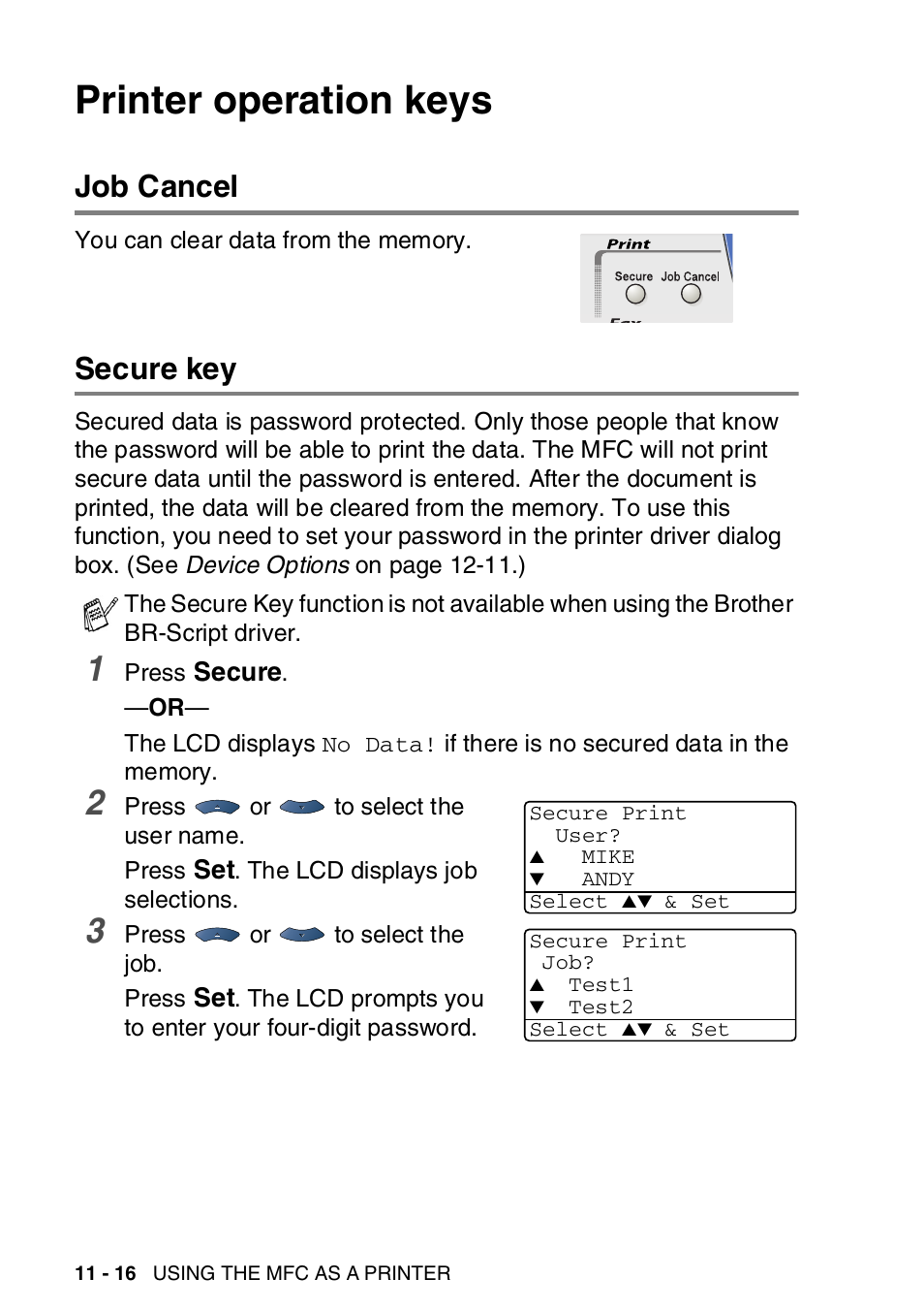 Printer operation keys, Job cancel, Secure key | Printer operation keys -16, Job cancel -16 secure key -16 | Brother MFC-8820DN User Manual | Page 173 / 421