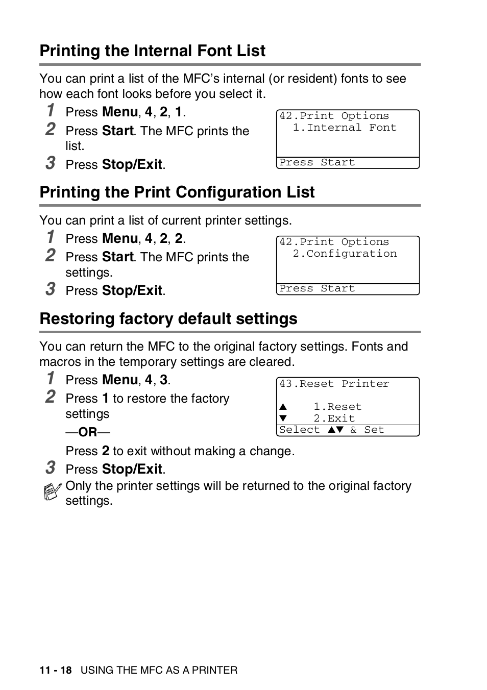 Printing the internal font list, Printing the print configuration list, Restoring factory default settings | Brother MFC-8820DN User Manual | Page 175 / 421