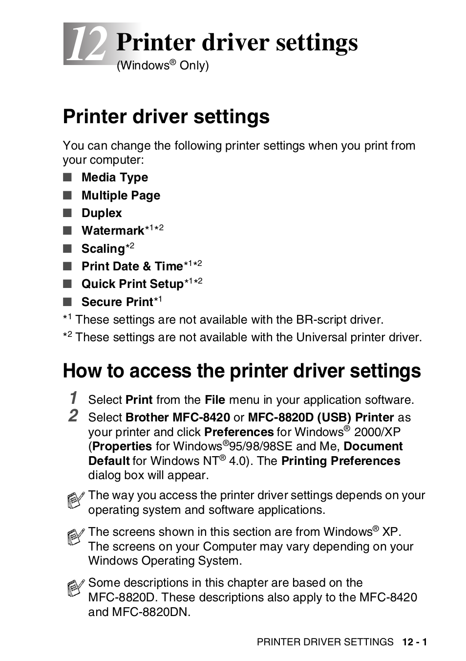 12 printer driver settings, Printer driver settings, How to access the printer driver settings | Printer driver settings -1 | Brother MFC-8820DN User Manual | Page 176 / 421