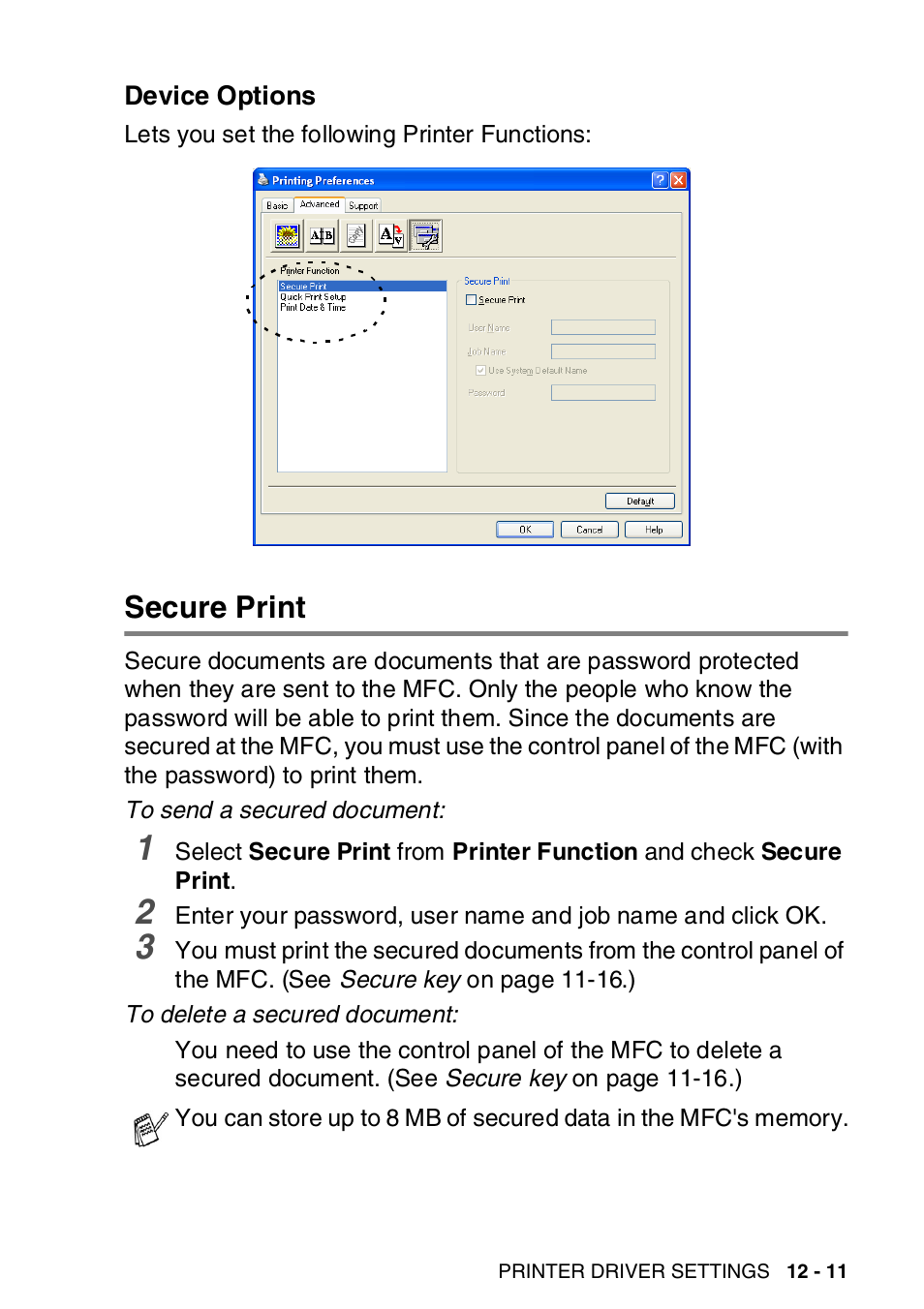 Device options, Secure print, Device options -11 | Secure print -11 | Brother MFC-8820DN User Manual | Page 186 / 421