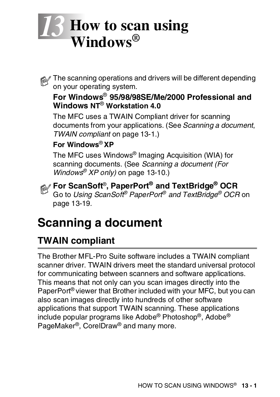 13 how to scan using windows, Scanning a document, Twain compliant | How to scan using windows, Scanning a document -1, Twain compliant -1 | Brother MFC-8820DN User Manual | Page 197 / 421