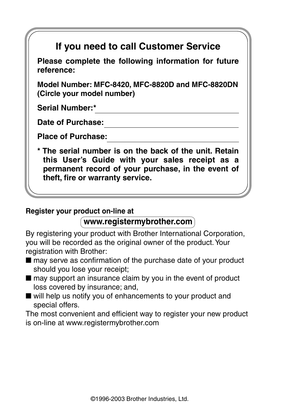 If you need to call customer service | Brother MFC-8820DN User Manual | Page 2 / 421