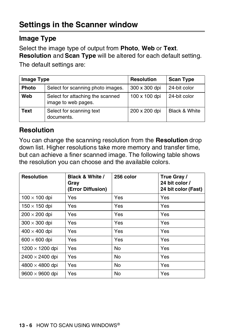 Settings in the scanner window, Image type, Resolution | Settings in the scanner window -6, Image type -6 resolution -6 | Brother MFC-8820DN User Manual | Page 202 / 421
