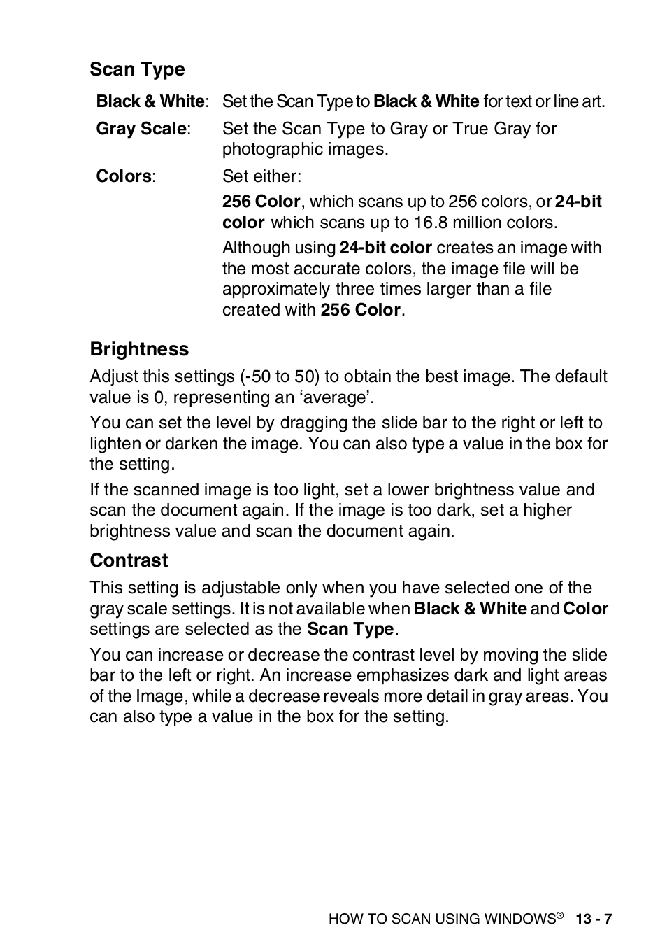 Scan type, Brightness, Contrast | Scan type -7 brightness -7 contrast -7, Scan type brightness | Brother MFC-8820DN User Manual | Page 203 / 421