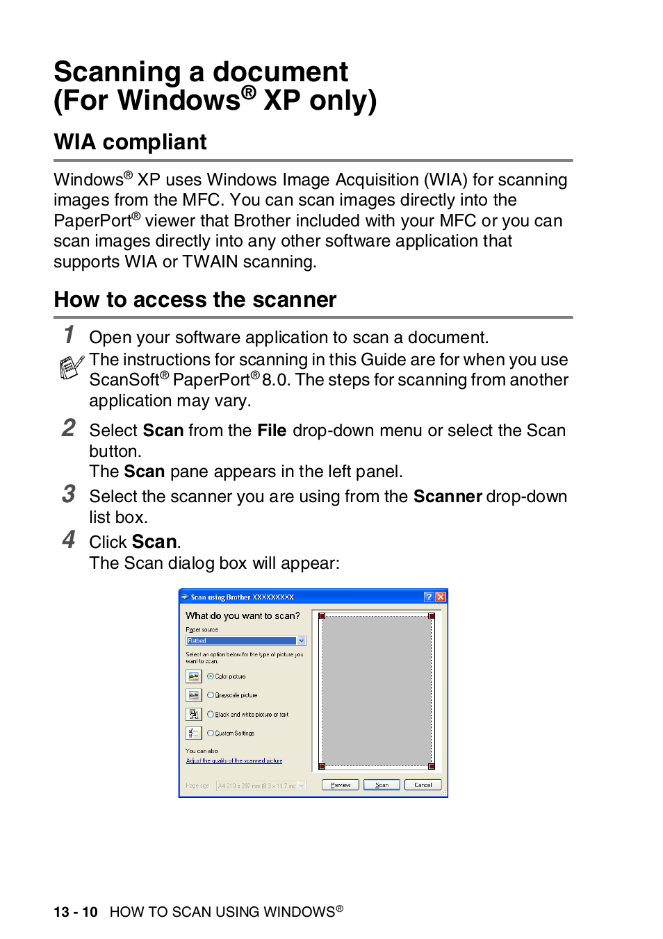 Scanning a document (for windows® xp only), Wia compliant, How to access the scanner | Scanning a document (for windows, Xp only) -10, Wia compliant -10 how to access the scanner -10, See scanning a document (for windows, Xp only) | Brother MFC-8820DN User Manual | Page 206 / 421