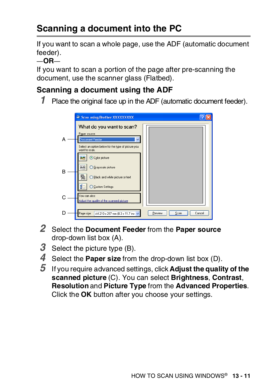 Scanning a document into the pc, Scanning a document using the adf, Scanning a document into the pc -11 | Scanning a document using the adf -11 | Brother MFC-8820DN User Manual | Page 207 / 421