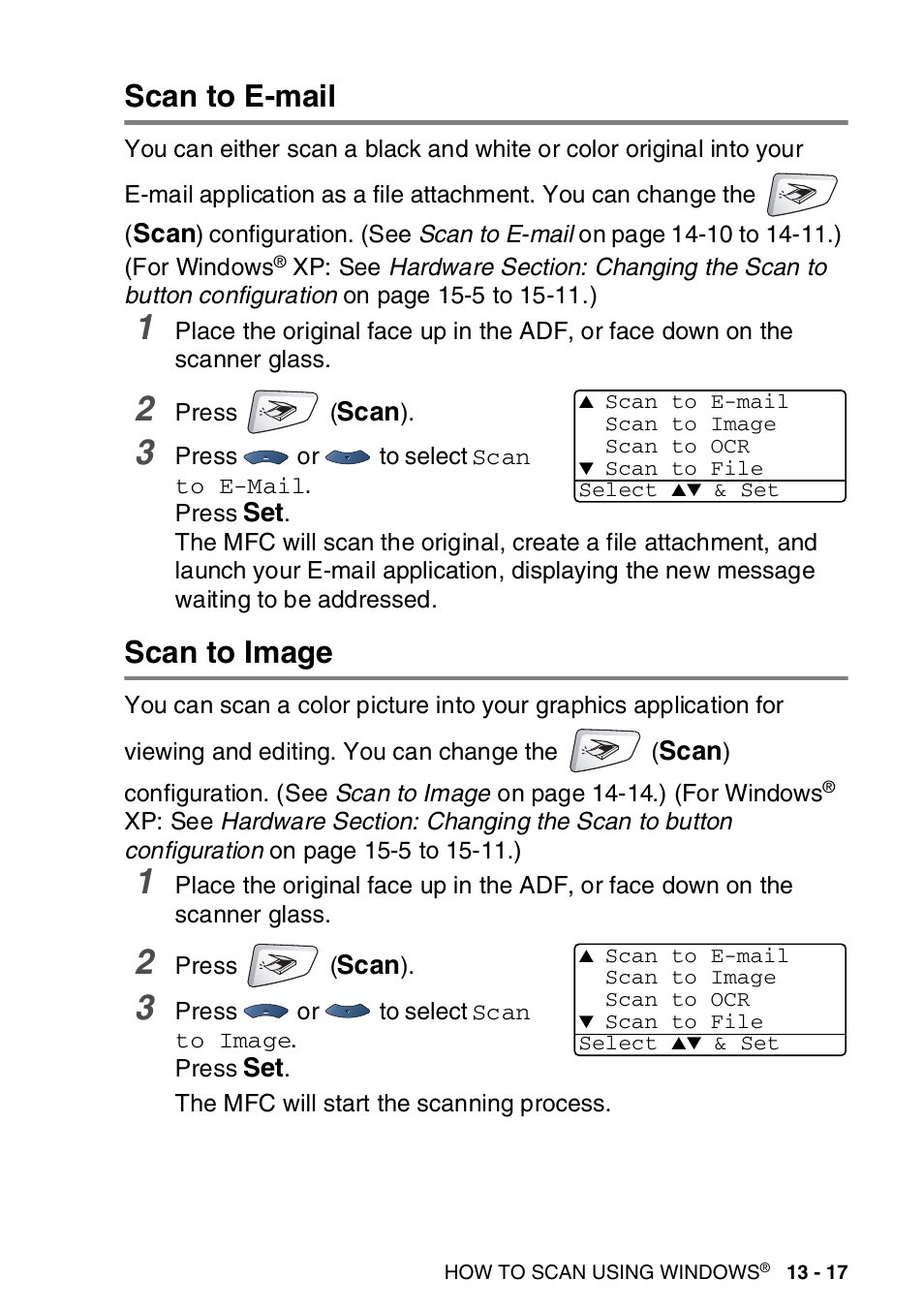 Scan to e-mail, Scan to image, Scan to e-mail -17 scan to image -17 | Brother MFC-8820DN User Manual | Page 213 / 421