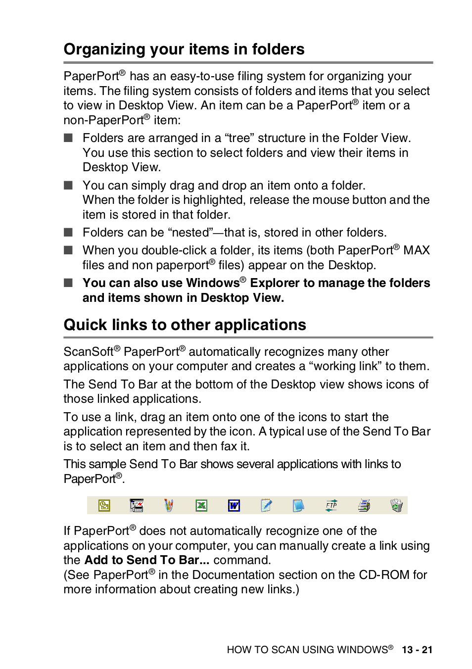 Organizing your items in folders, Quick links to other applications | Brother MFC-8820DN User Manual | Page 217 / 421