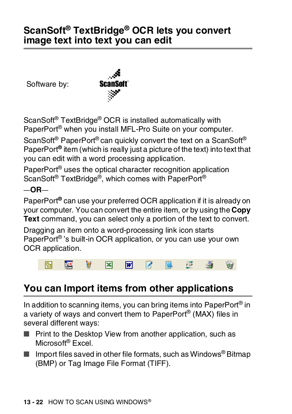 You can import items from other applications, Scansoft, Textbridge | Ocr lets you convert image text, Into text you can edit -22, You can import items from other applications -22 | Brother MFC-8820DN User Manual | Page 218 / 421