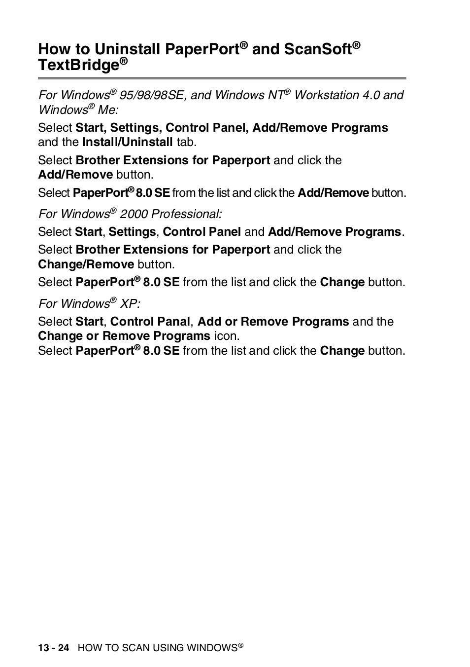 How to uninstall paperport, And scansoft, Textbridge | Brother MFC-8820DN User Manual | Page 220 / 421