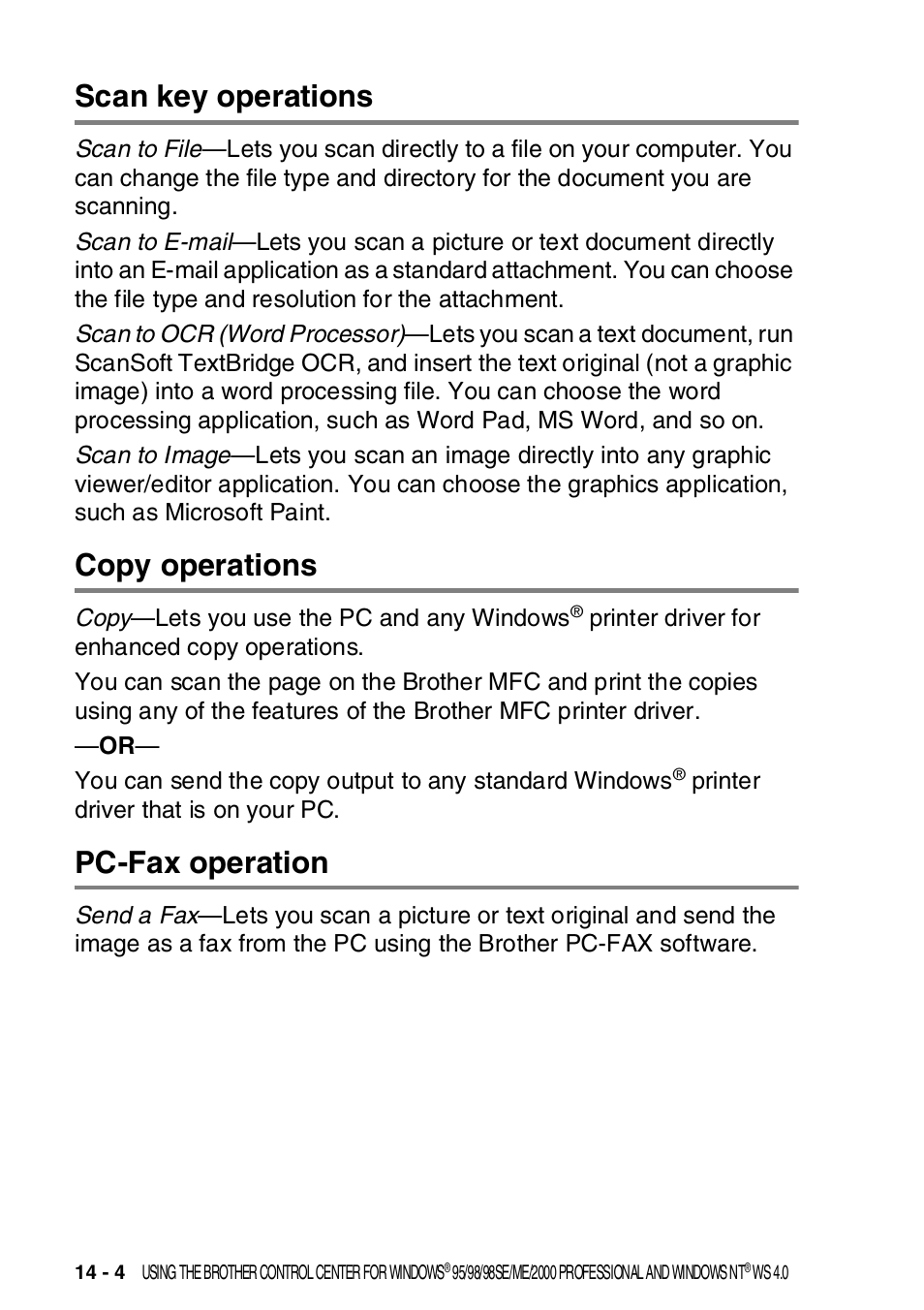 Scan key operations, Copy operations, Pc-fax operation | Brother MFC-8820DN User Manual | Page 224 / 421