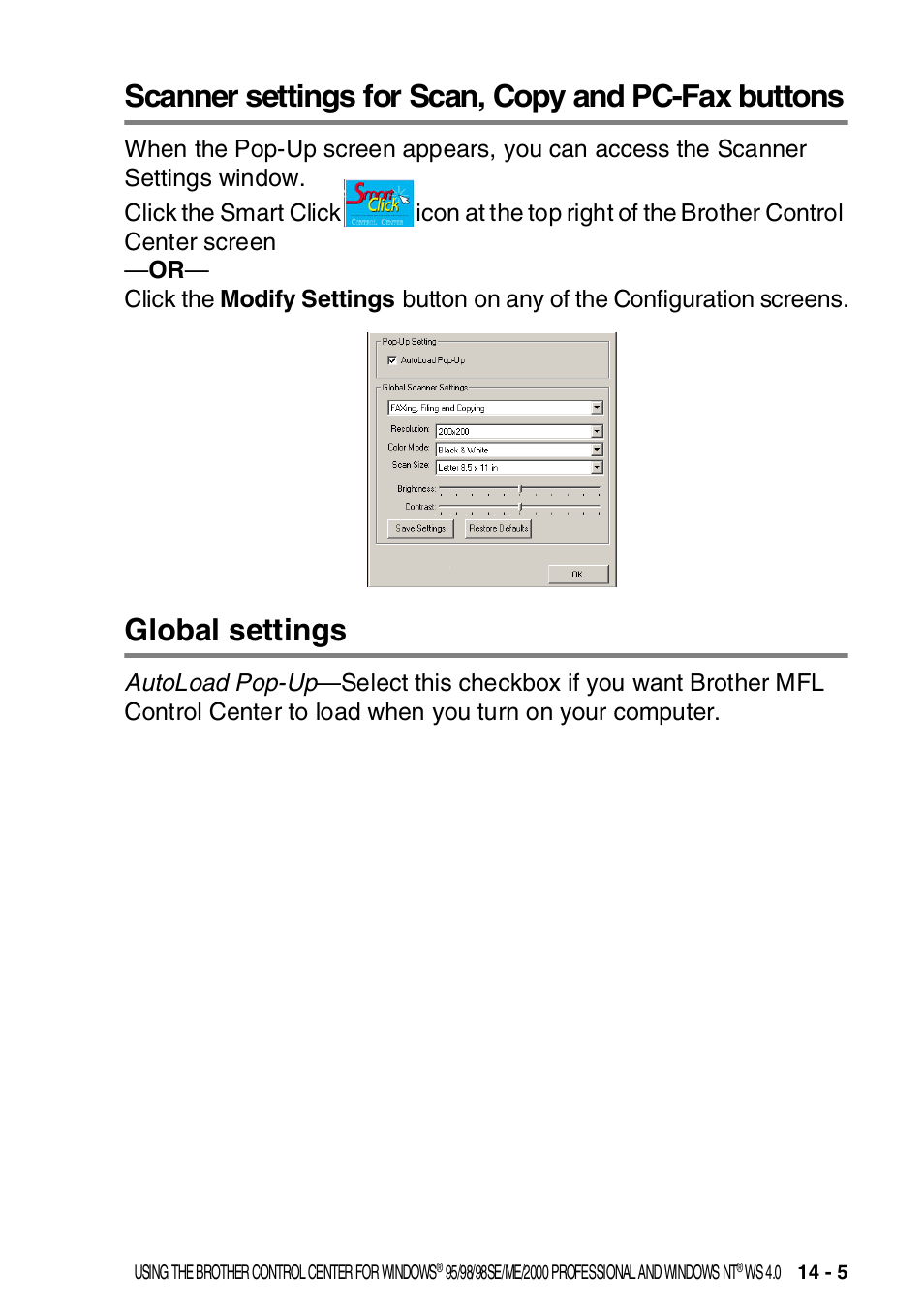 Scanner settings for scan, copy and pc-fax buttons, Global settings, Scanner settings for scan, copy and | Pc-fax buttons -5, Global settings -5 | Brother MFC-8820DN User Manual | Page 225 / 421
