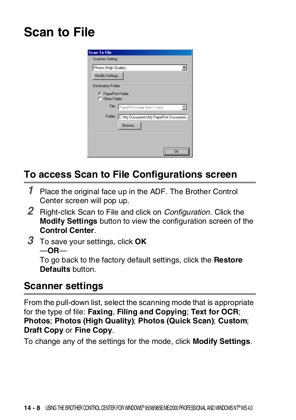 Scan to file, To access scan to file configurations screen, Scanner settings | Scan to file -8 | Brother MFC-8820DN User Manual | Page 228 / 421