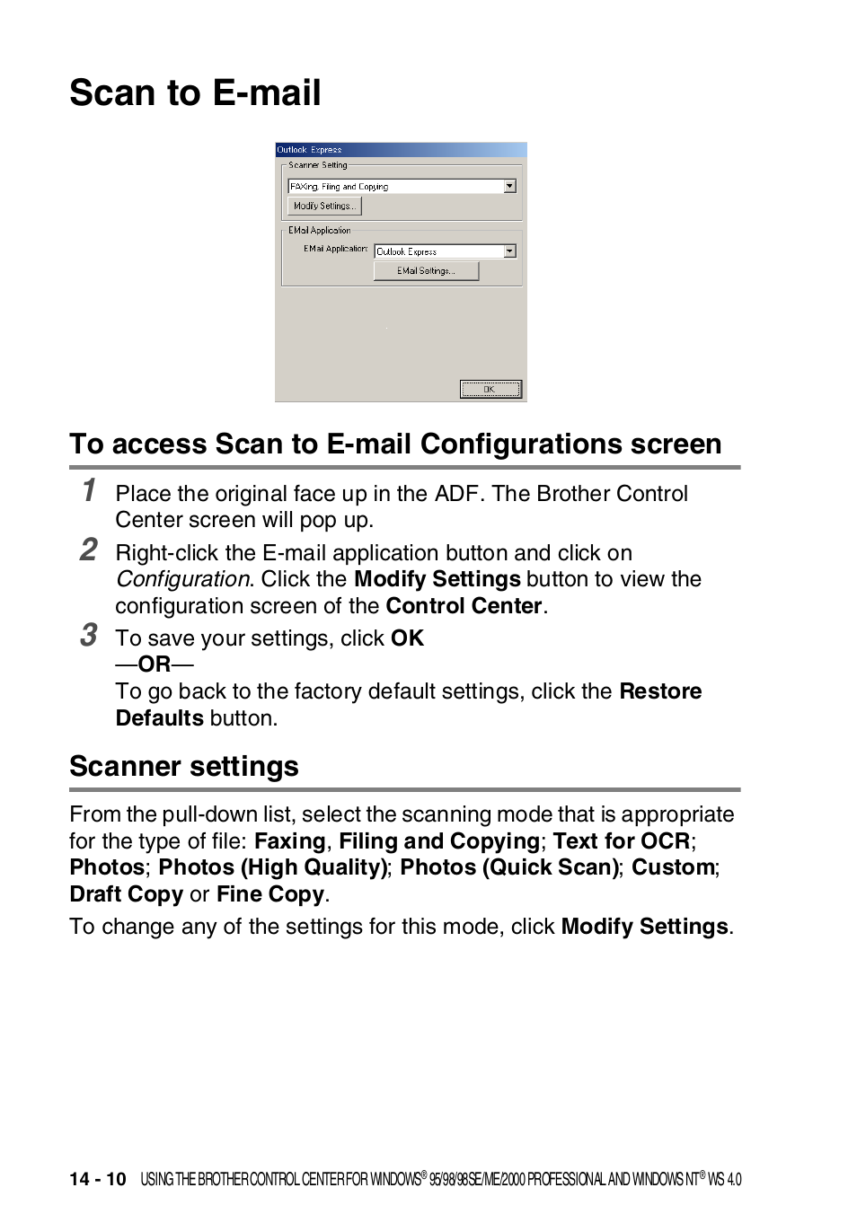 Scan to e-mail, To access scan to e-mail configurations screen, Scanner settings | Scan to e-mail -10 | Brother MFC-8820DN User Manual | Page 230 / 421