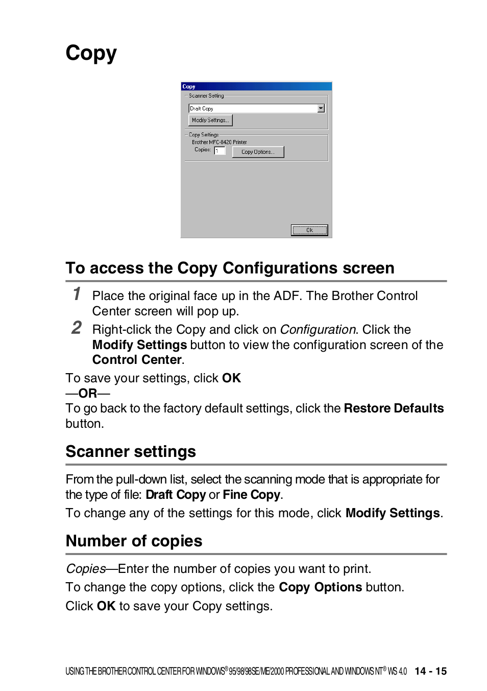 Copy, To access the copy configurations screen, Scanner settings | Number of copies, Copy -15 | Brother MFC-8820DN User Manual | Page 235 / 421