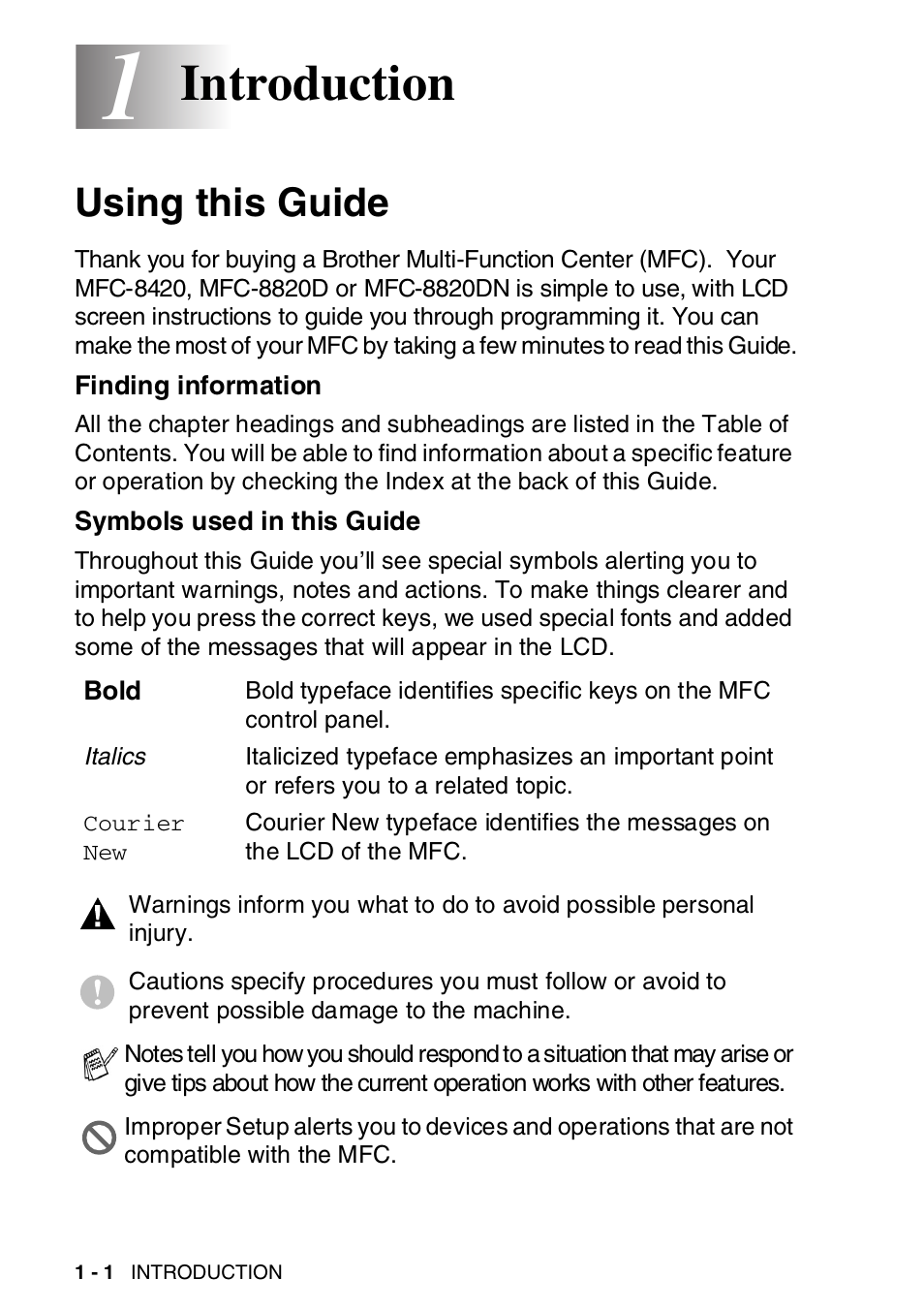 1 introduction, Using this guide, Finding information | Symbols used in this guide, Introduction -1, Using this guide -1, Introduction | Brother MFC-8820DN User Manual | Page 27 / 421