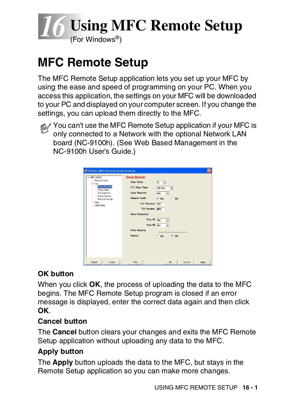16 using mfc remote setup, Mfc remote setup, Using mfc remote setup -1 | Mfc remote setup -1, Using mfc remote setup | Brother MFC-8820DN User Manual | Page 273 / 421