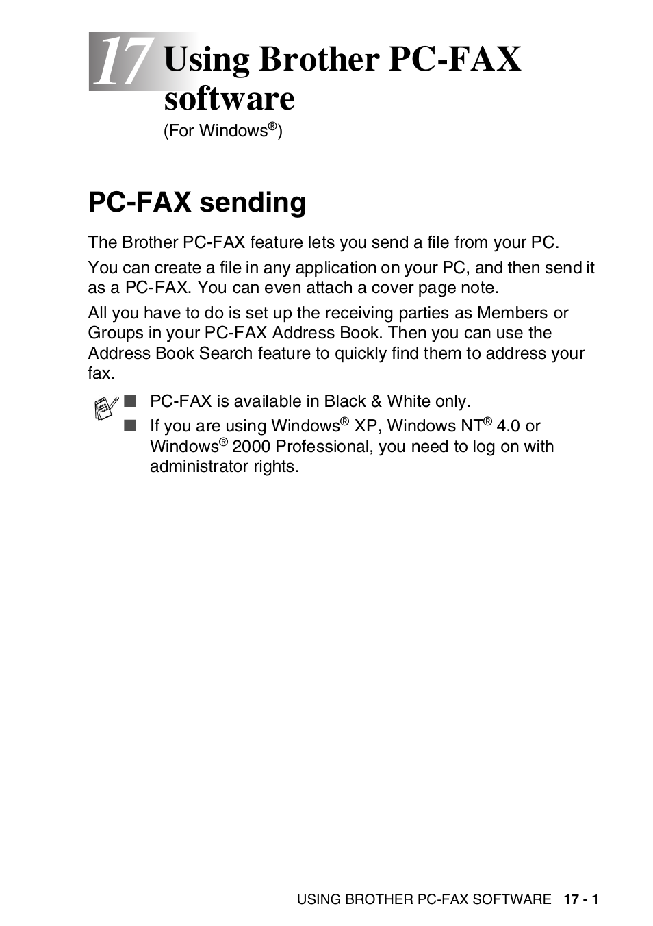 17 using brother pc-fax software, Pc-fax sending, Using brother pc-fax software -1 | Pc-fax sending -1, Using brother pc-fax software | Brother MFC-8820DN User Manual | Page 275 / 421