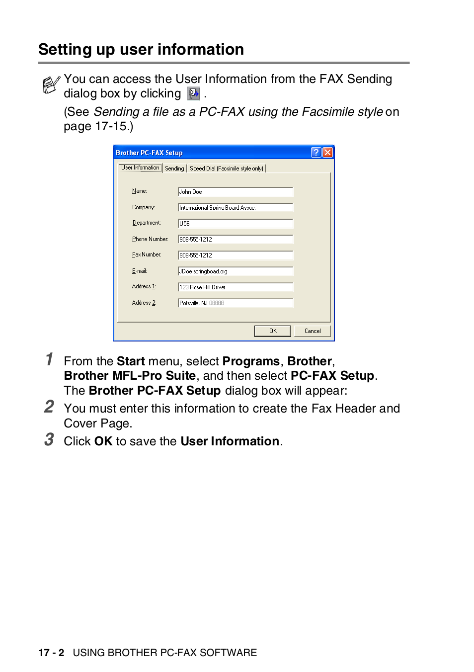 Setting up user information, Setting up user information -2 | Brother MFC-8820DN User Manual | Page 276 / 421