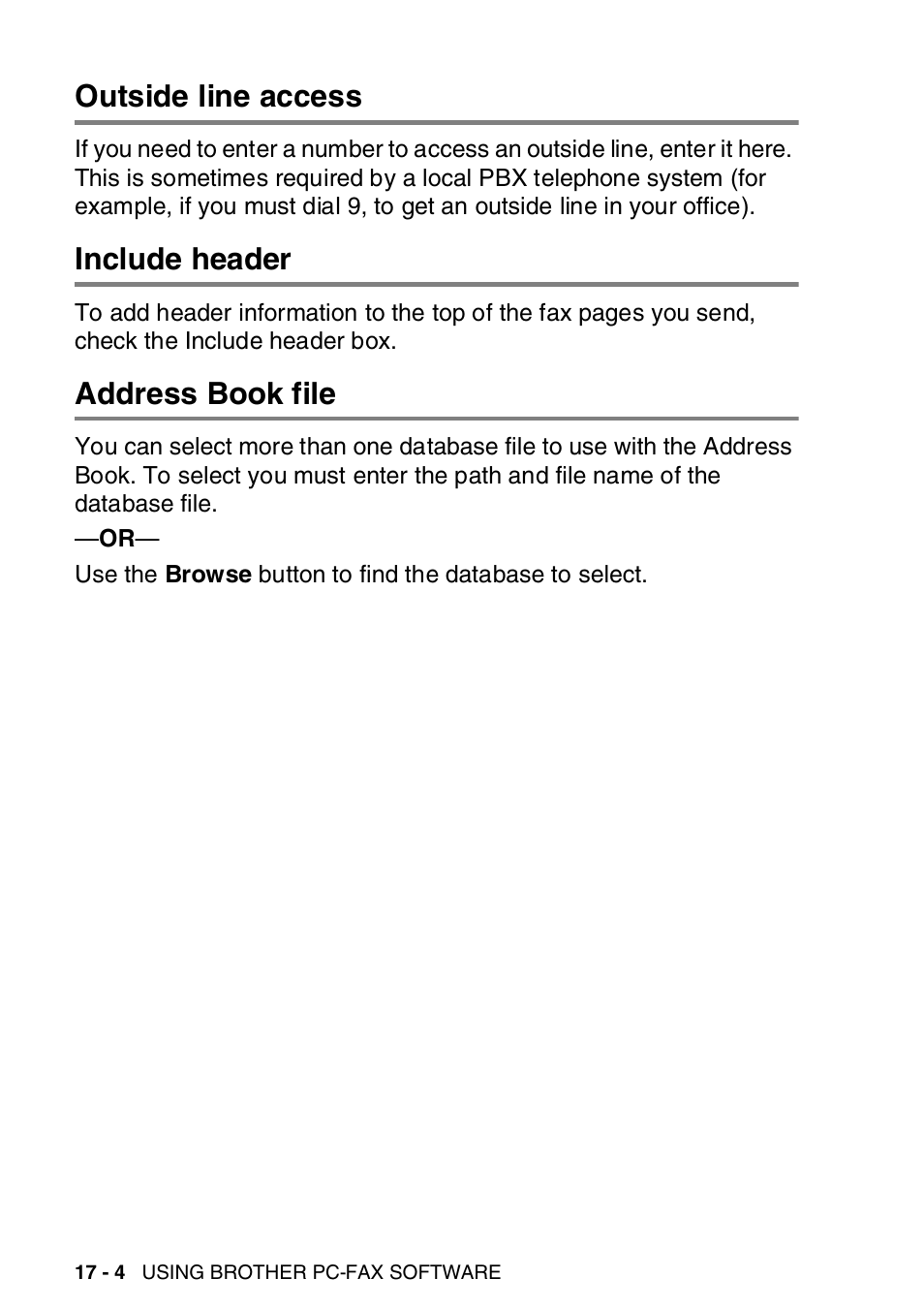 Outside line access, Include header, Address book file | Brother MFC-8820DN User Manual | Page 278 / 421