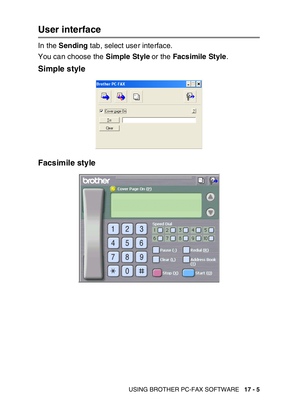 User interface, Simple style, Facsimile style | User interface -5, Simple style -5 facsimile style -5 | Brother MFC-8820DN User Manual | Page 279 / 421