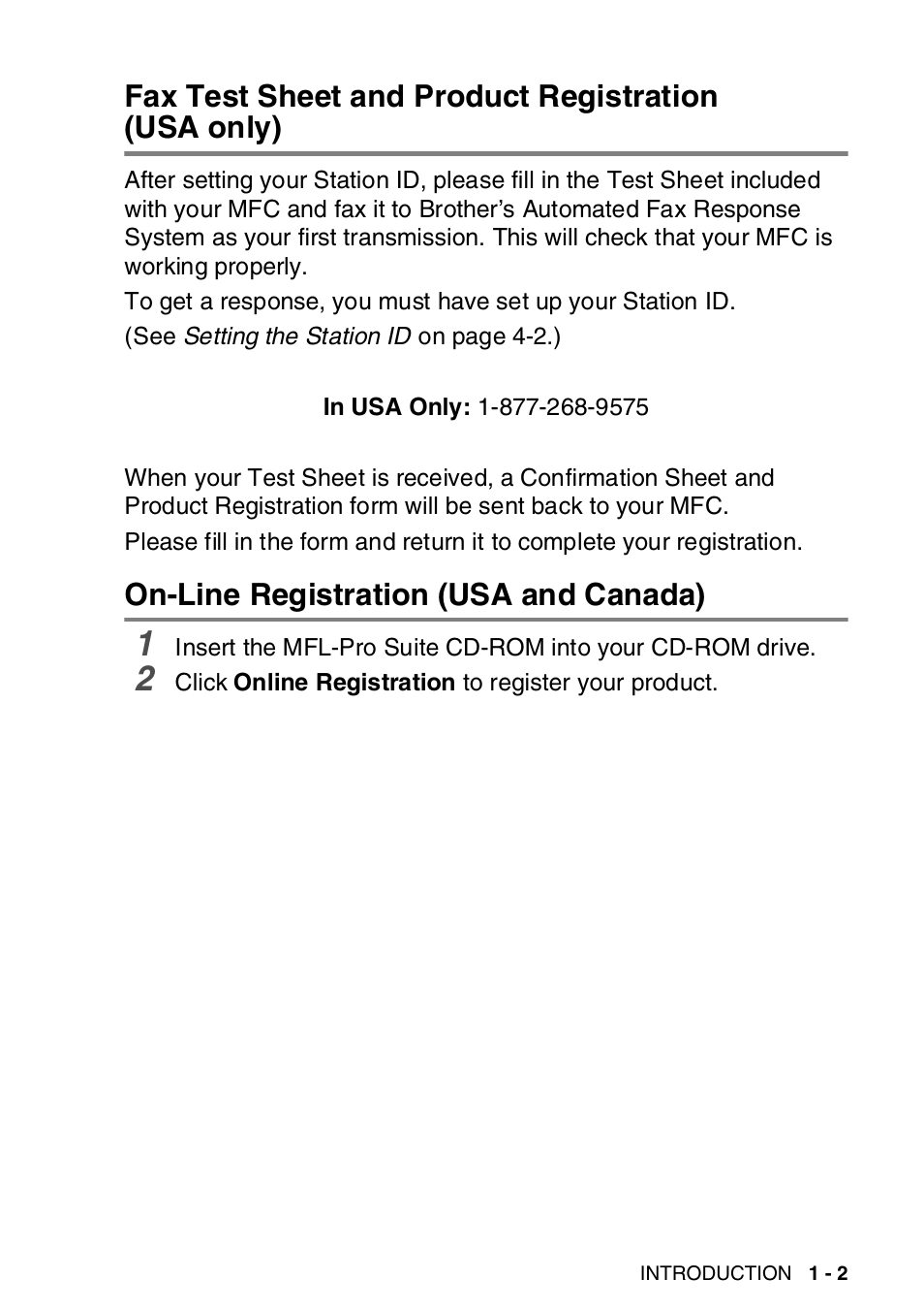 Fax test sheet and product registration (usa only), On-line registration (usa and canada) | Brother MFC-8820DN User Manual | Page 28 / 421