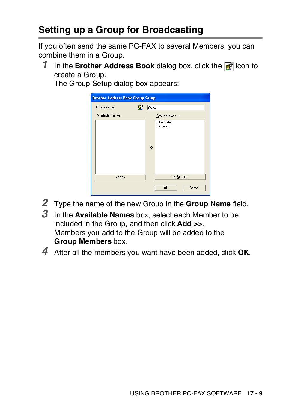 Setting up a group for broadcasting, Setting up a group for broadcasting -9 | Brother MFC-8820DN User Manual | Page 283 / 421