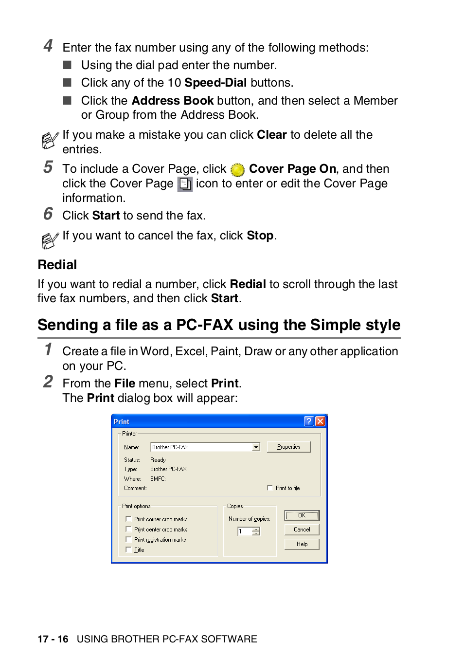 Redial, Sending a file as a pc-fax using the simple style, Redial -16 | Brother MFC-8820DN User Manual | Page 290 / 421